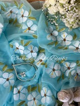 Blue Hibiscus Hand Painted Saree