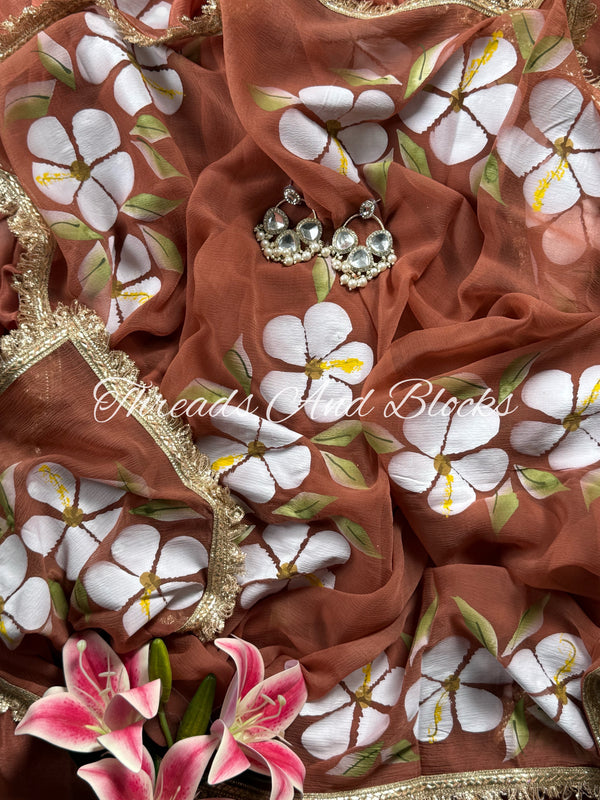 Caramel Brown Hibiscus Saree