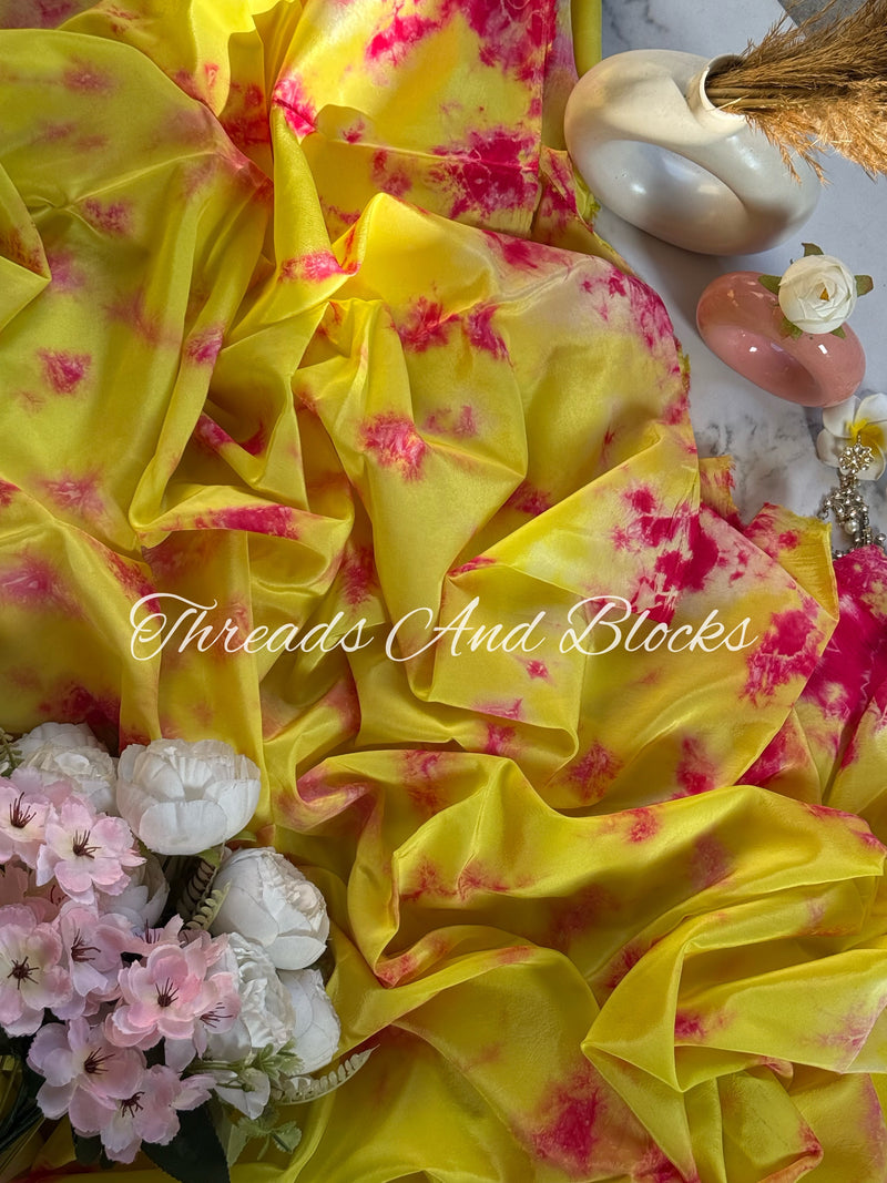 Yellow Pink Crepe Shibori Saree