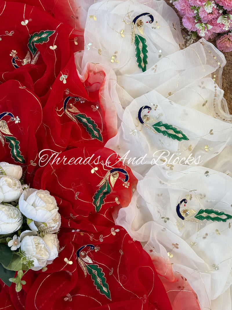 Red White Peacock Jaal Saree