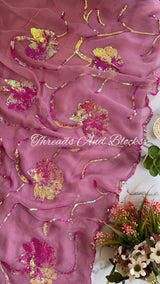 Mauve Sequin Floral Border Saree