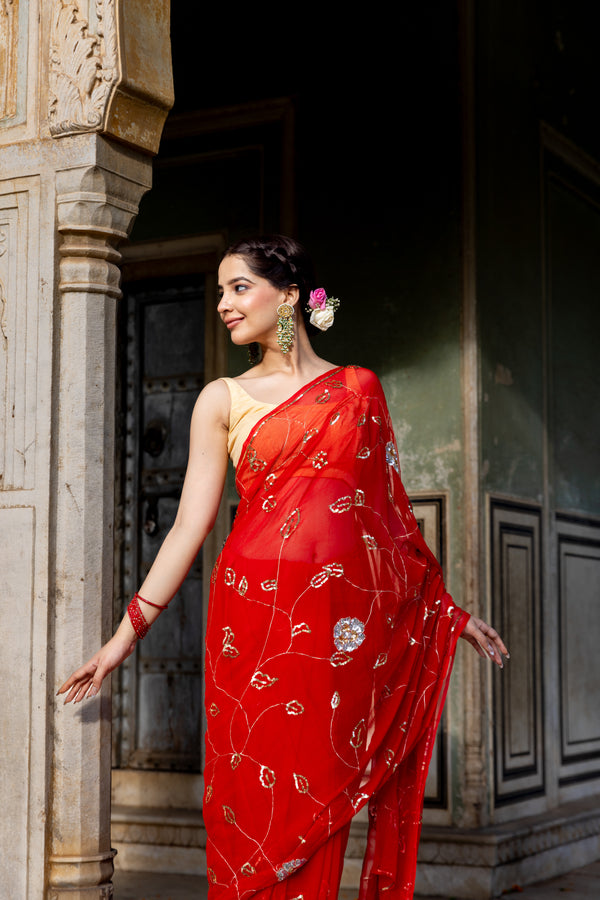 Flaming Red Silver Gold Floral Jaal Saree