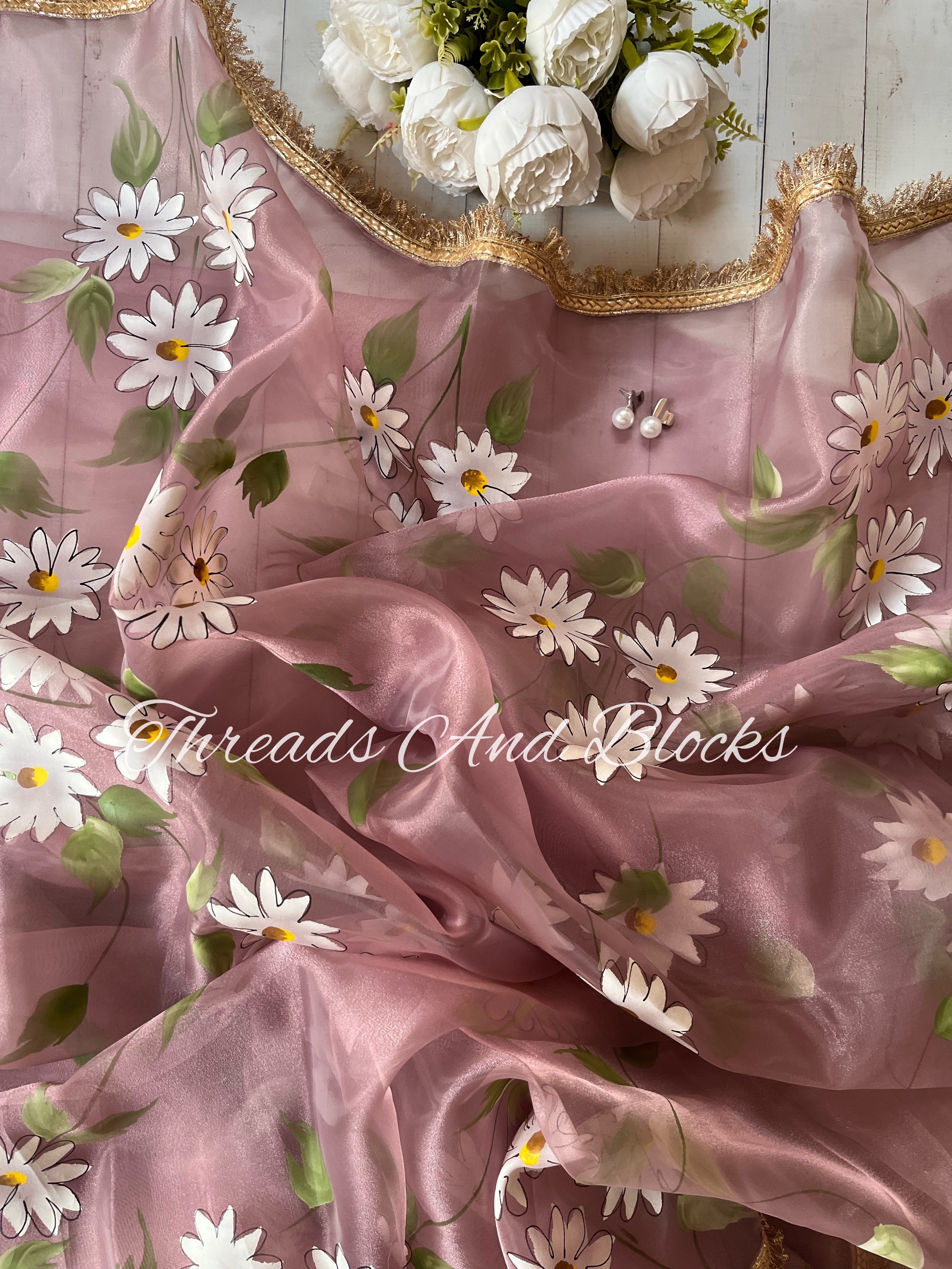 Mauve Daisy Tissue Hand Painted Saree