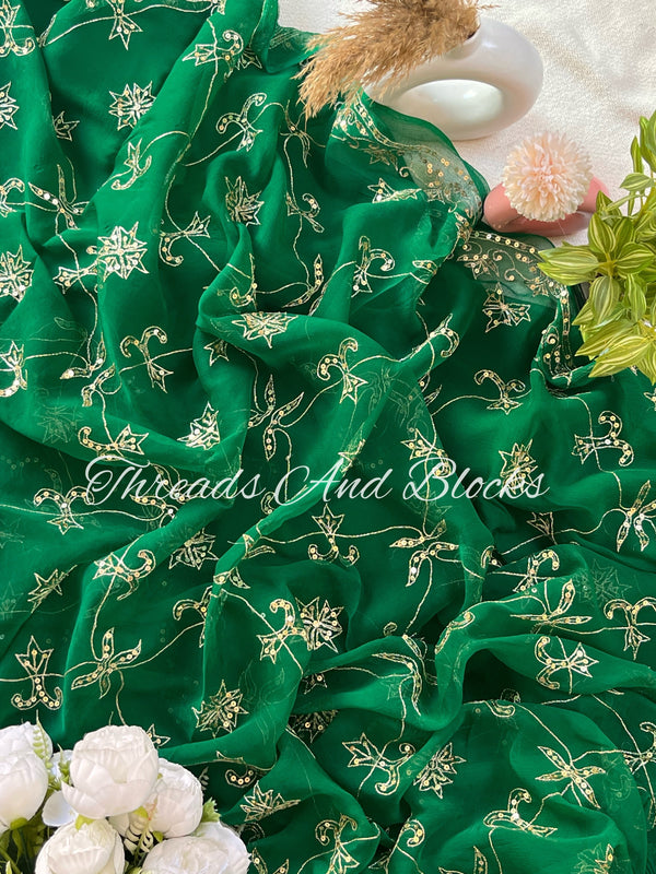 Bottle Green Mughal Jharokha Jaal Saree