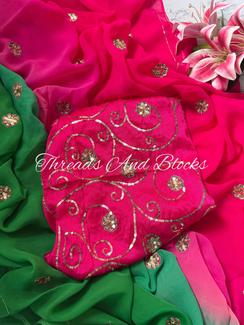 Green Pink Organza Saree with Jaal Blouse