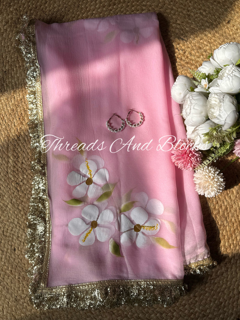 Baby Pink Hibiscus Saree