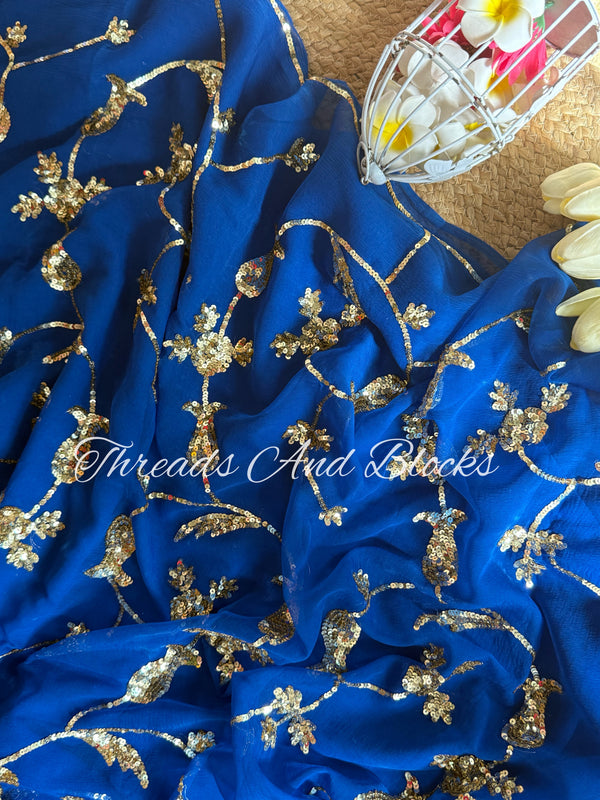 Royal Blue Sequin Jaal Saree