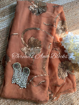 Rusty Peach Sequin Floral Border Saree