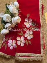 Red Pink Sequin Hibiscus Saree