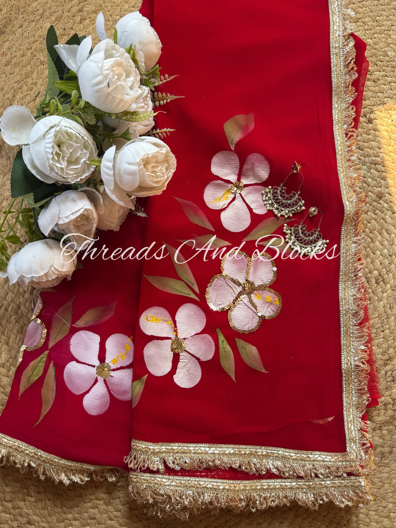 Red Pink Sequin Hibiscus Saree