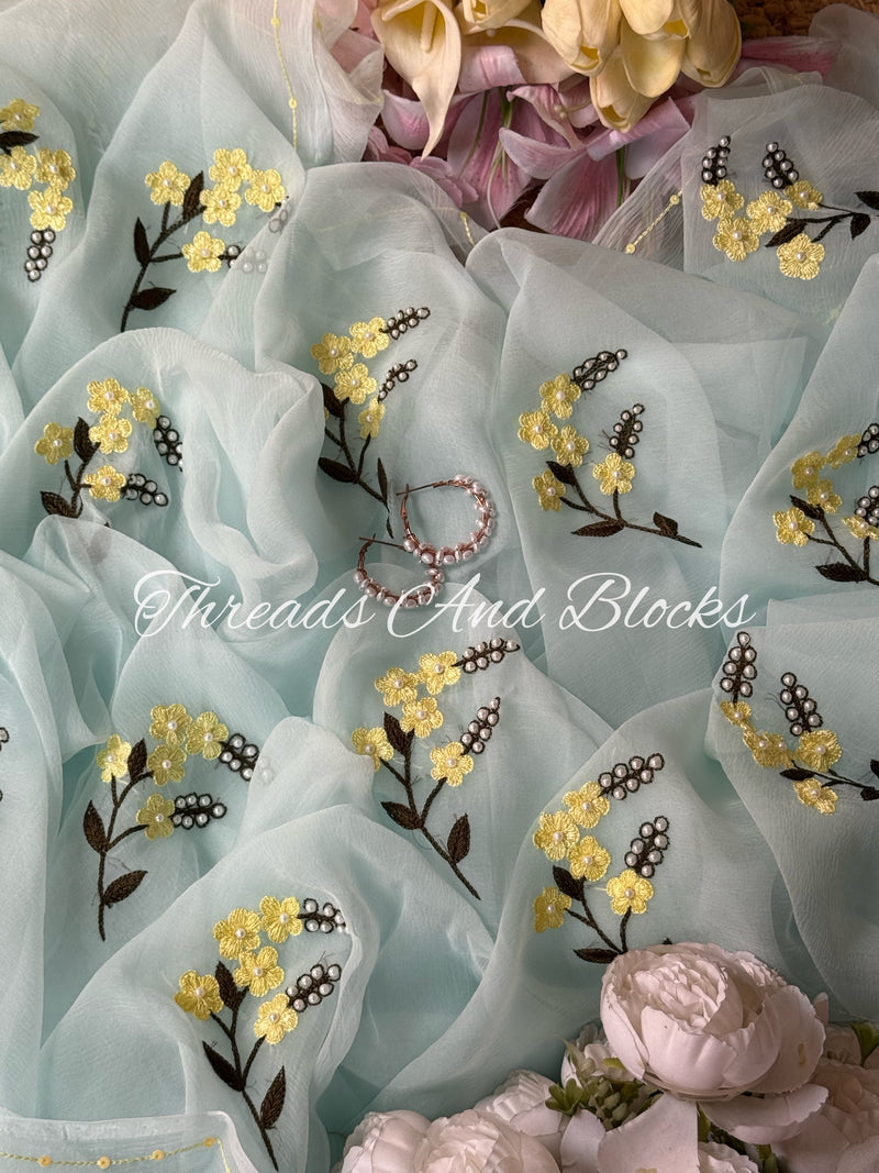 Powder Blue Resham Flower Saree