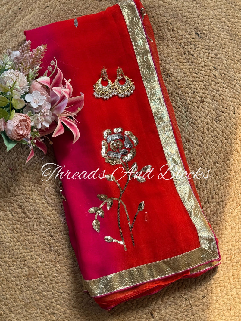 Rani Orange Rose With Lappa Saree