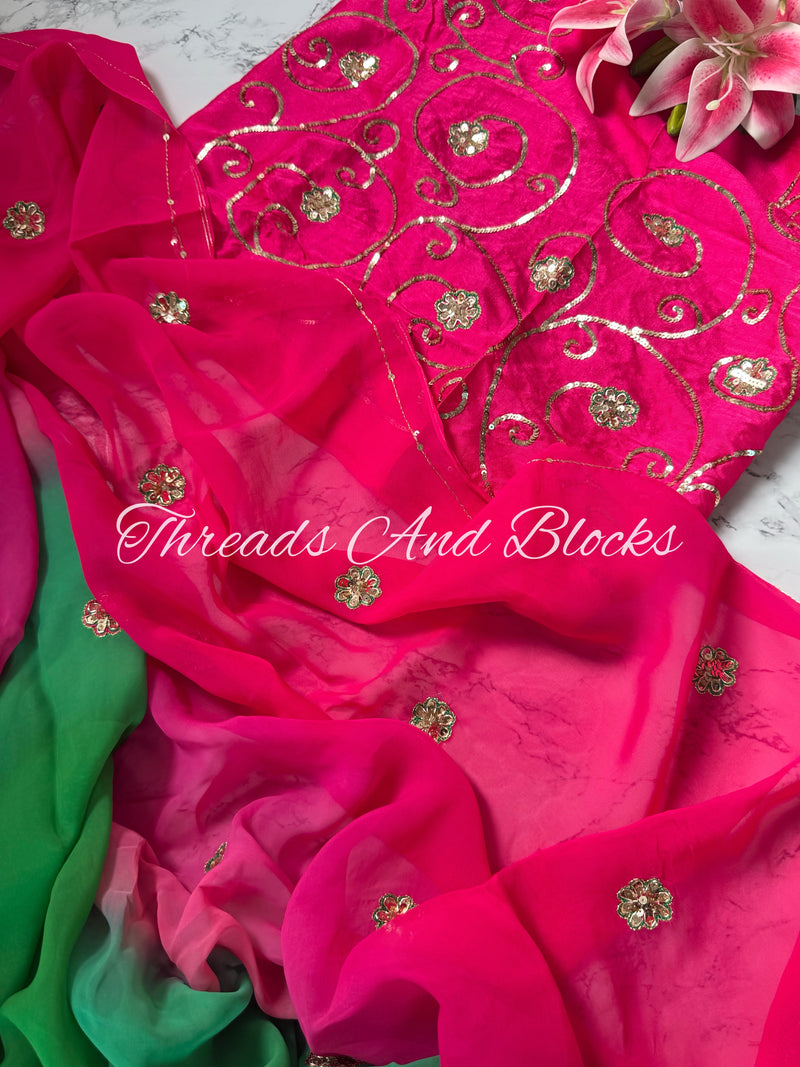 Green Pink Organza Saree with Jaal Blouse