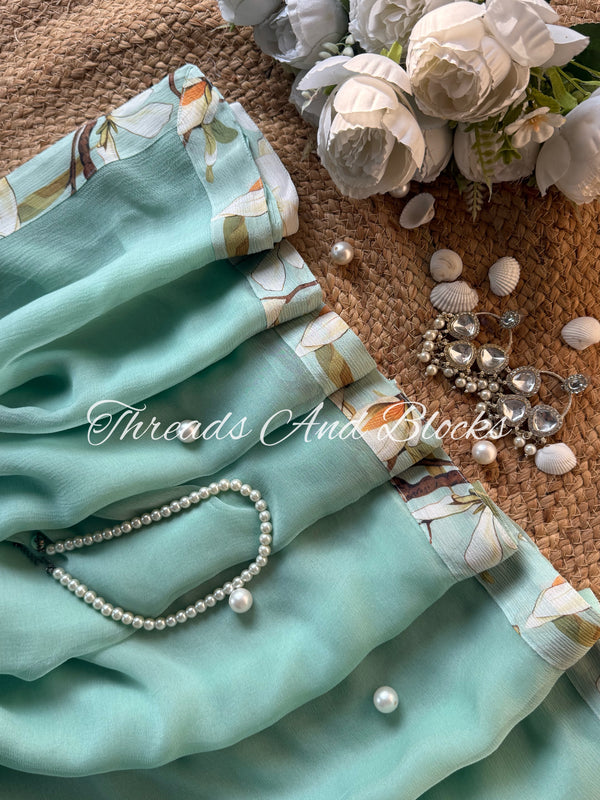 Alice Blue Saree with Printed Border