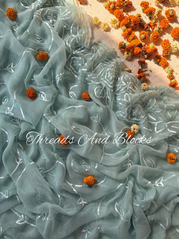 Dusky Blue Sequin Jaal Saree