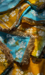 Blue Yellow Hibiscus Border Saree