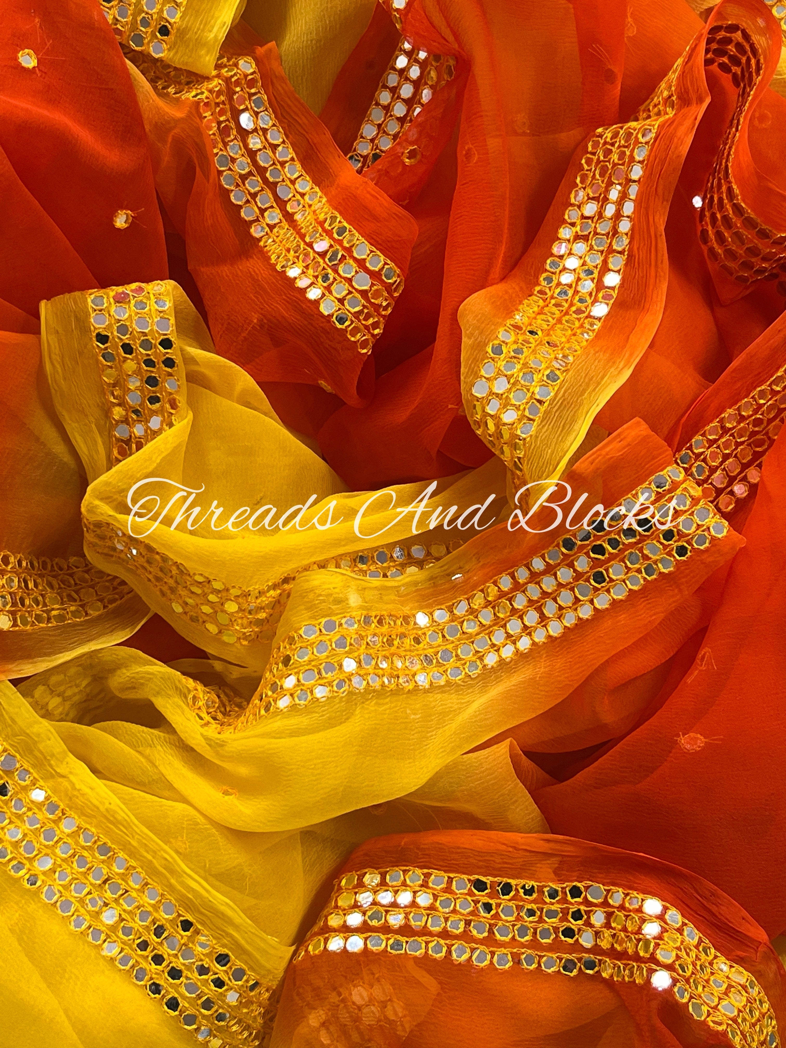 Shaded Yellow Orange Mirror Border Saree