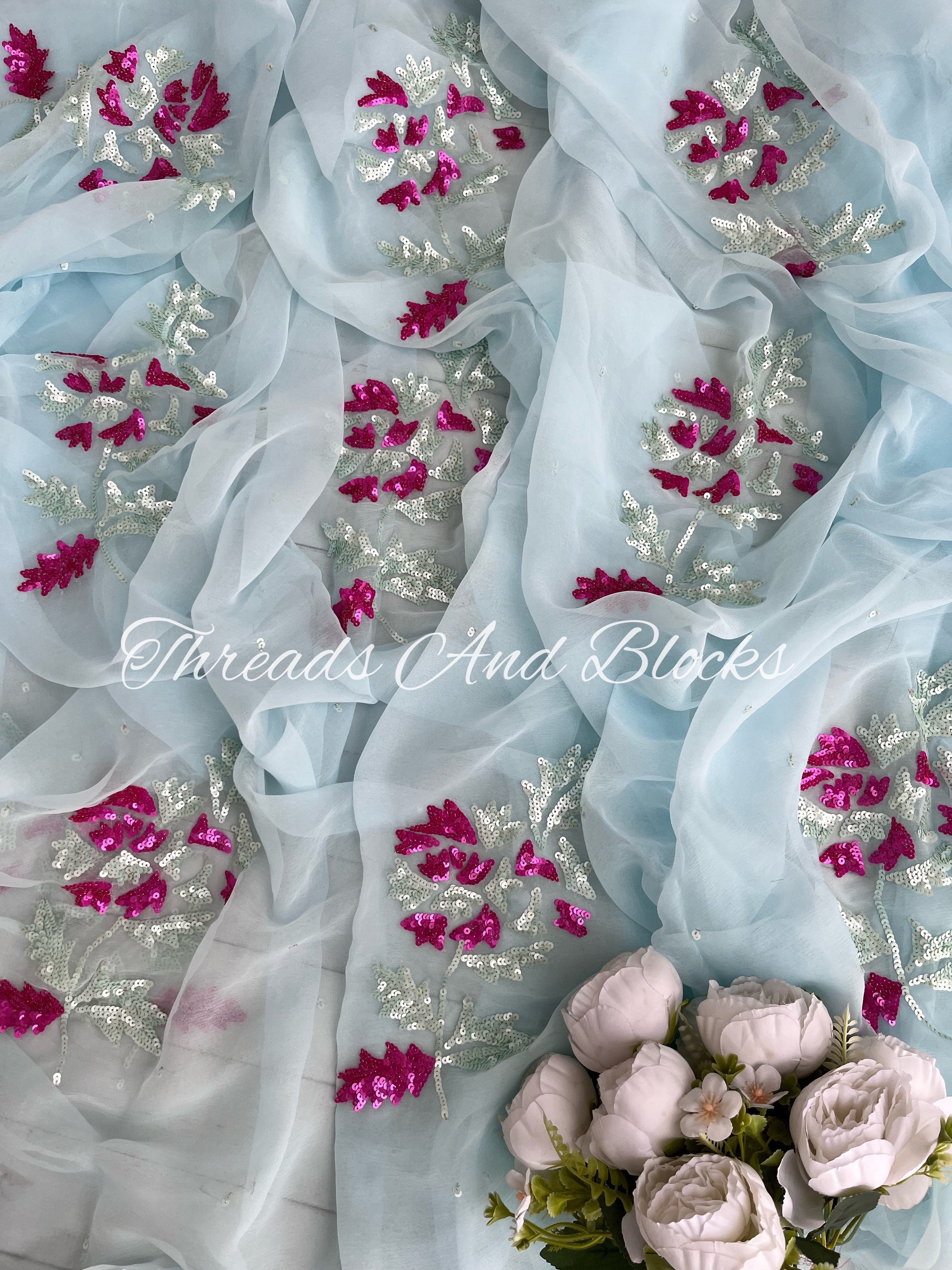 Powder Blue Floral Motif Saree – Threads & Blocks