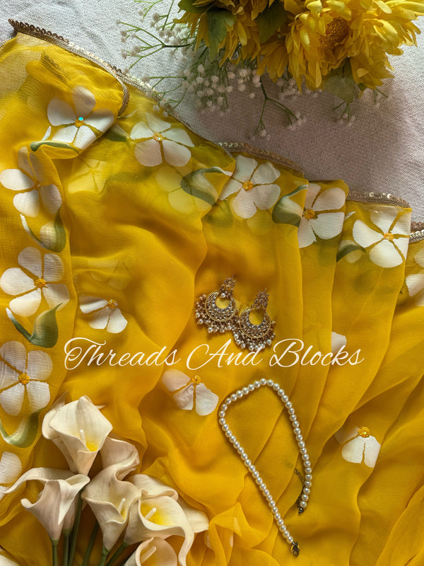 Zesty Yellow Hibiscus Border Saree
