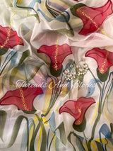 White Tulip Bush Hand Painted Saree