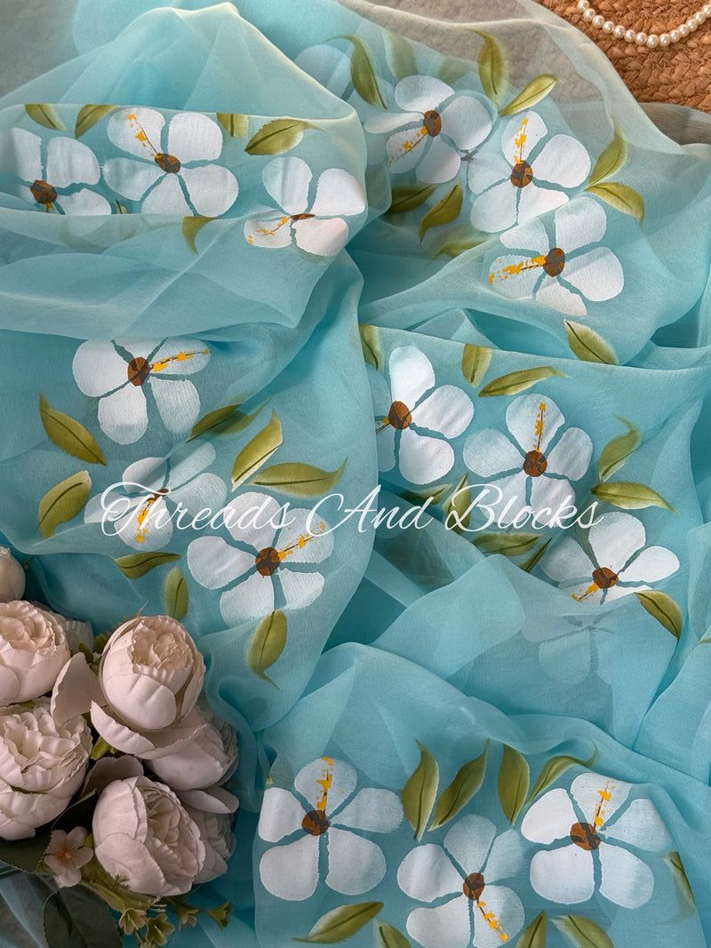 Blue Hibiscus Hand Painted Saree