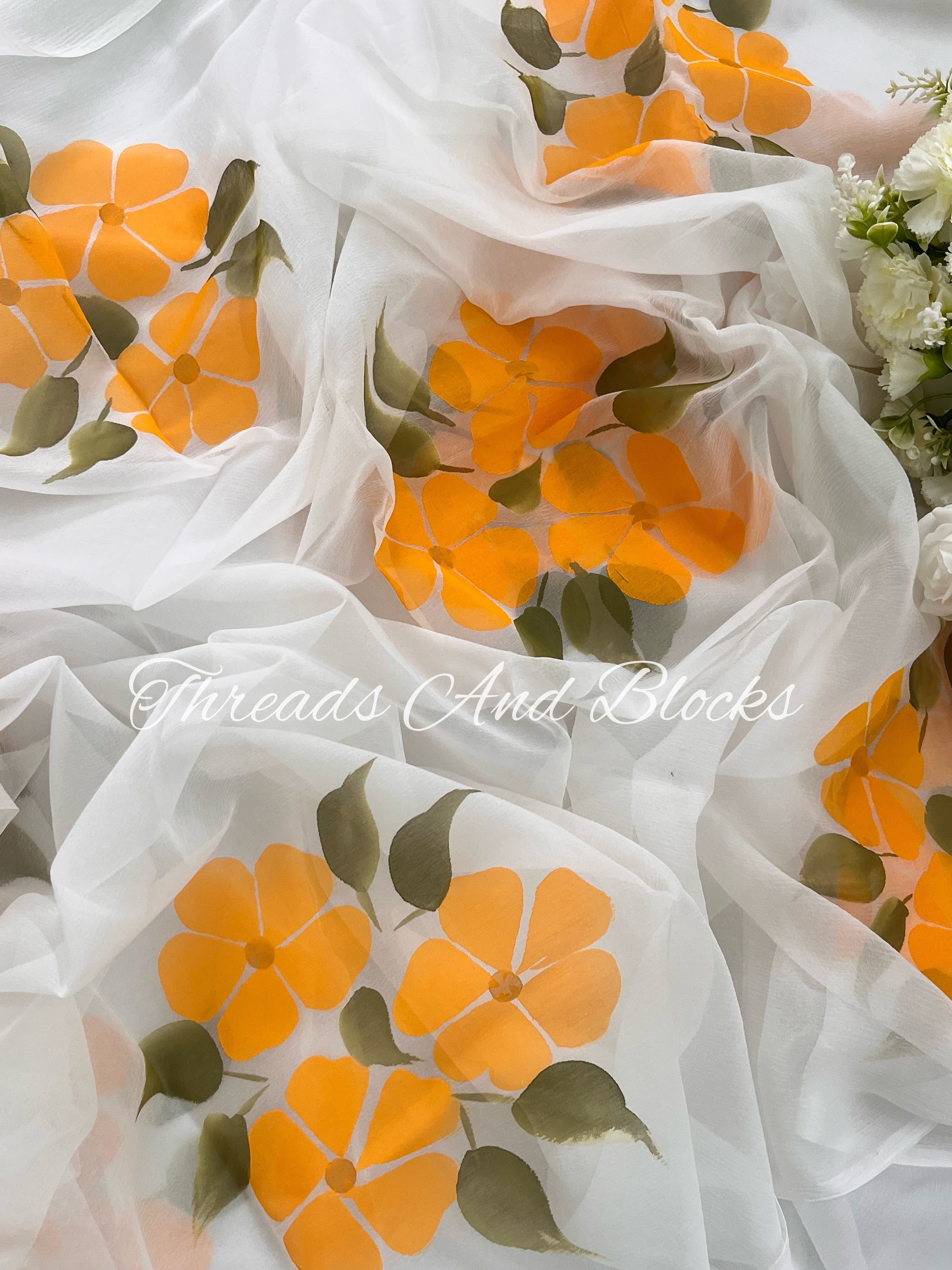 Yellow Hibiscus Hand Painted Saree