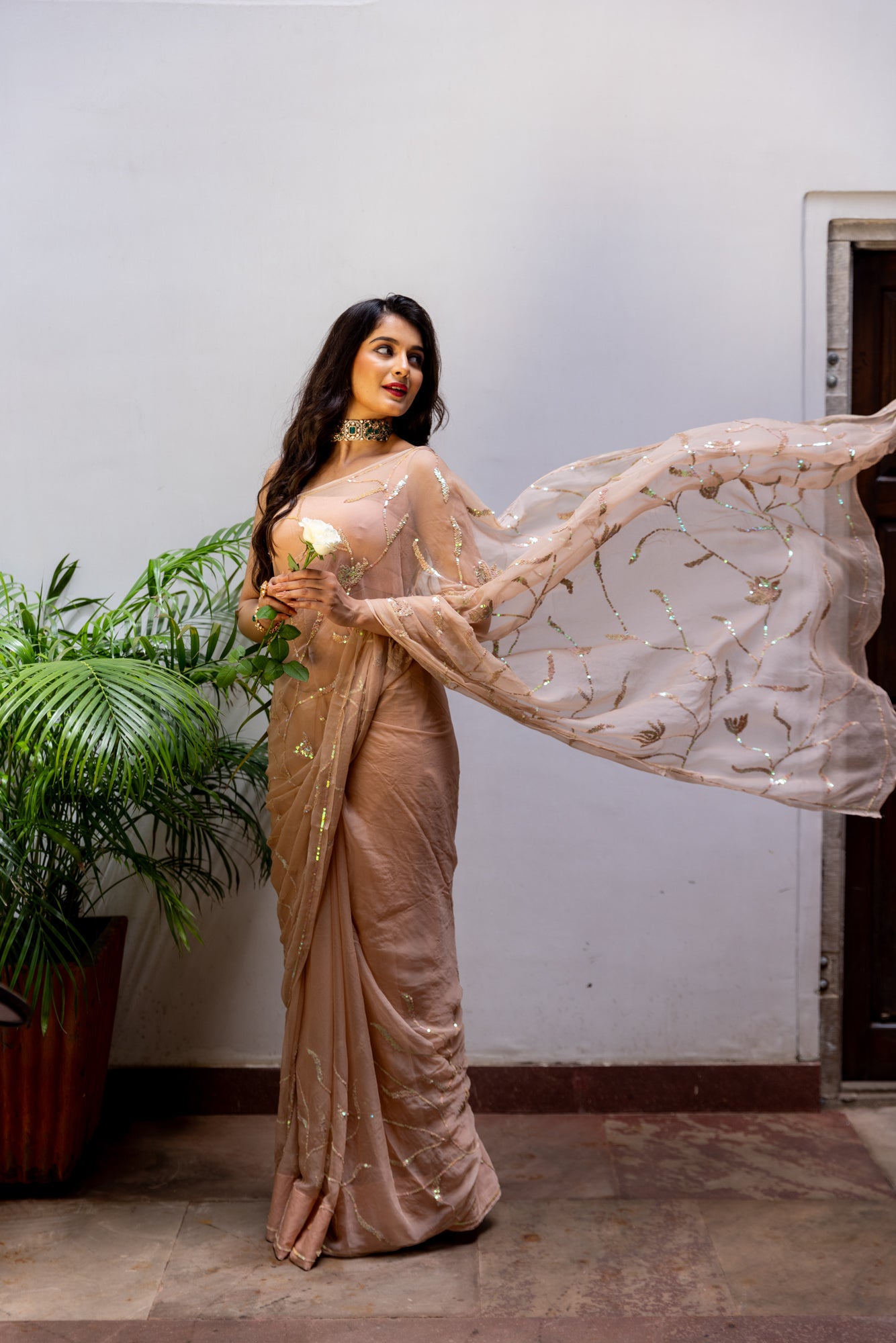 Dusty Peach Cocktail Jaal Saree