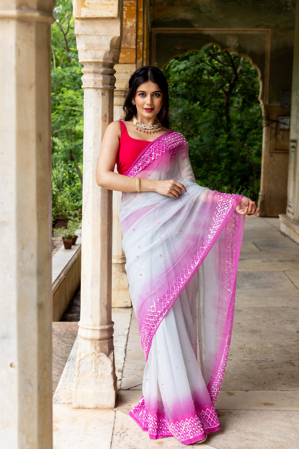 Grey Magenta Criss Cross Border Saree