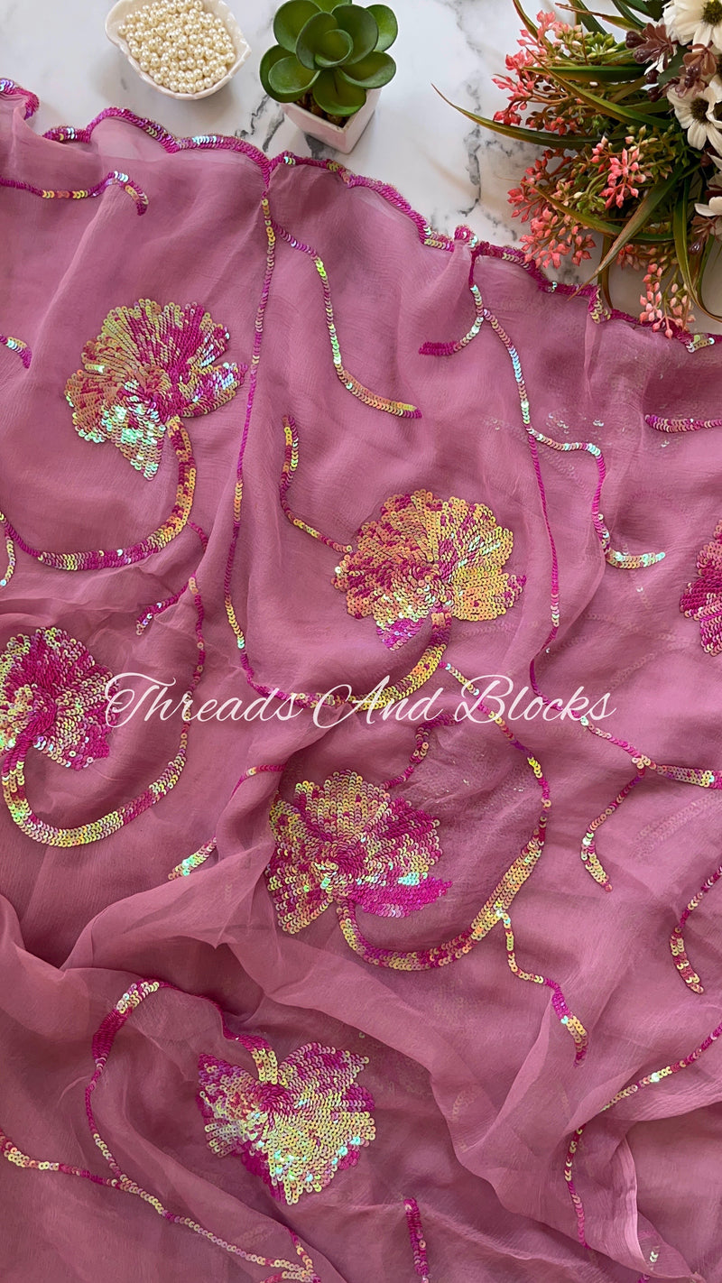 Mauve Sequin Floral Border Saree