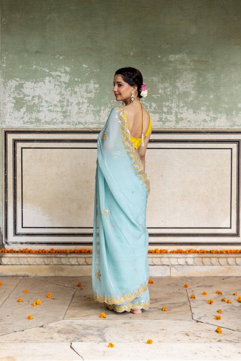 Aqua Yellow Organza Gotapatti Saree