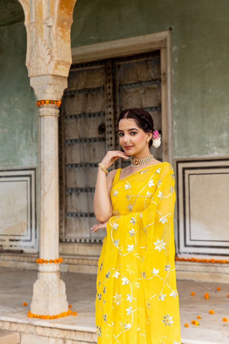 Yellow Kachi Patti Gota Jaal Saree