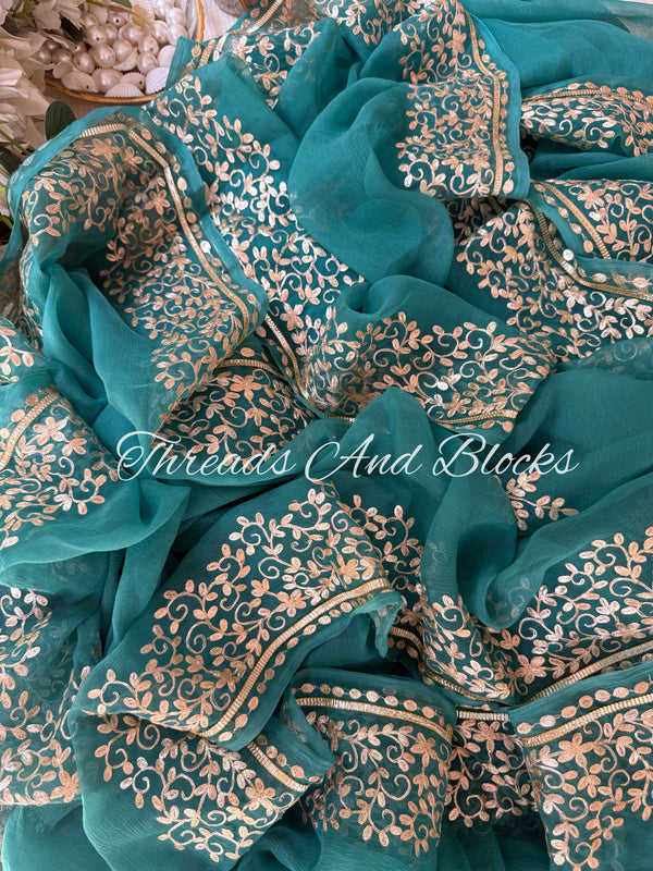 Teal Pittan Border Saree