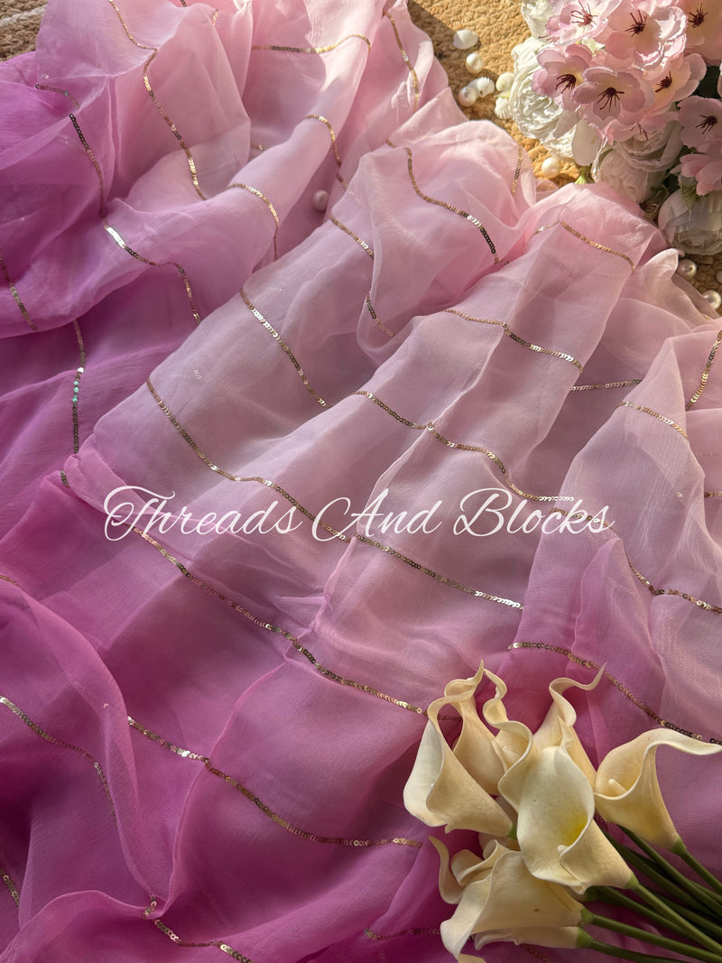 Ombré Lavender Sequin Stripe Saree