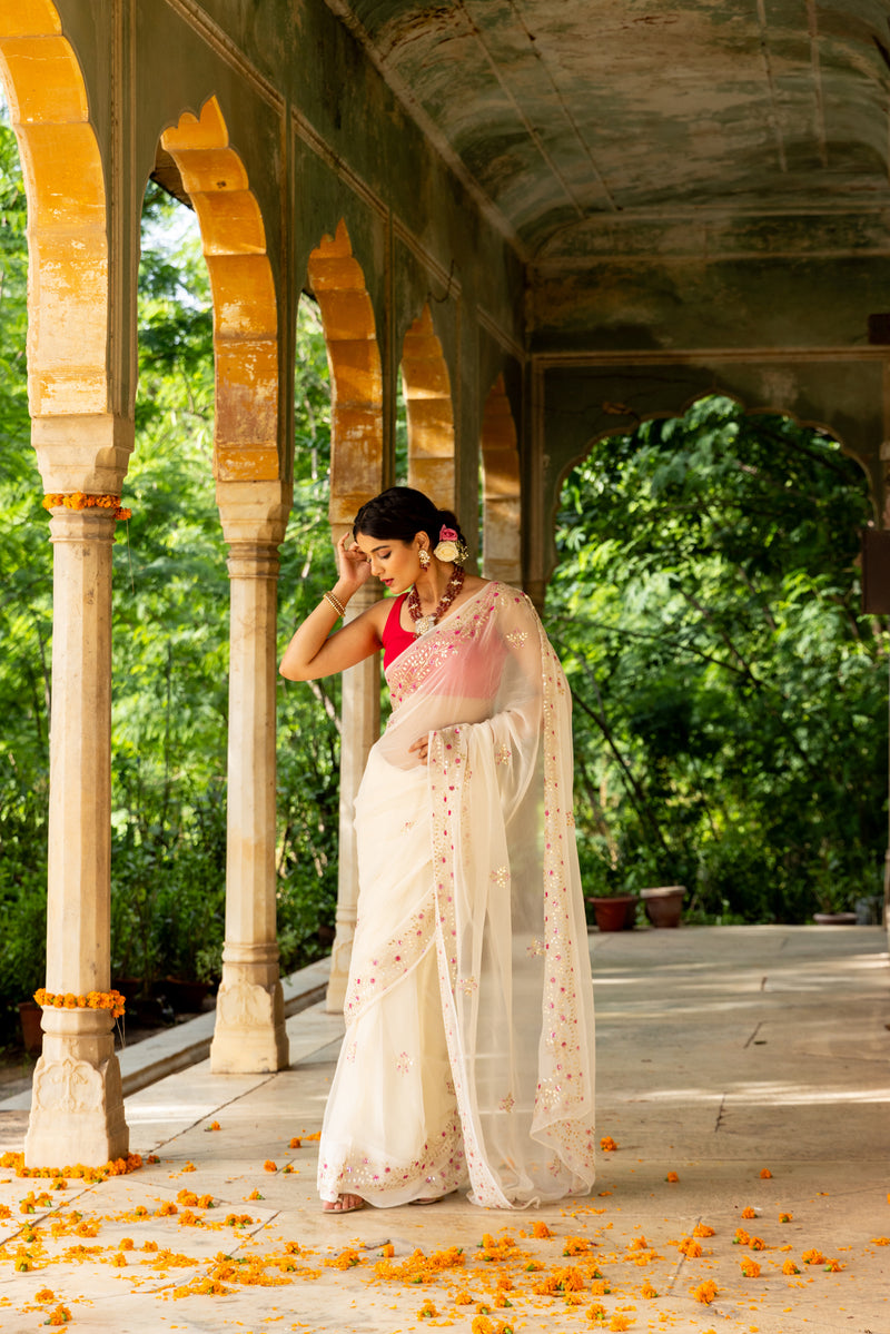 Off white Gotapatti Mirror Border Saree