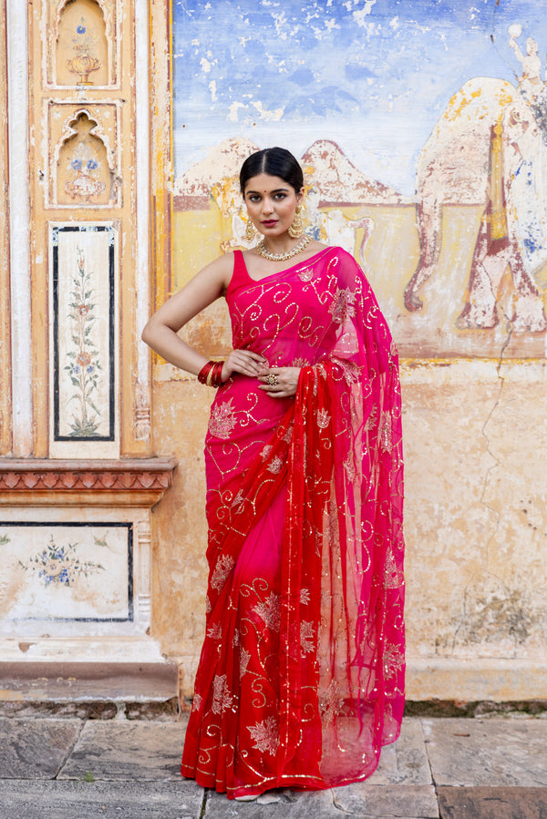 Rani Red Mesh Leaf Jaal Saree