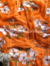 Orange Hibiscus Hand Painted Saree