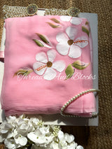 Baby Pink Hibiscus Hand Painted Saree
