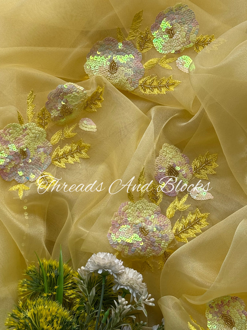 Butter Yellow Tissue Floral Buta Saree