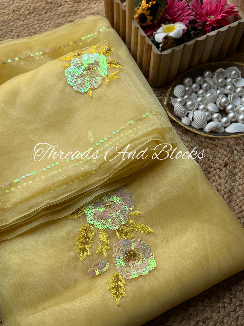 Butter Yellow Tissue Floral Buta Saree