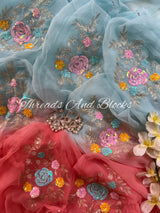 Sky and Coral Floral Bunch Saree