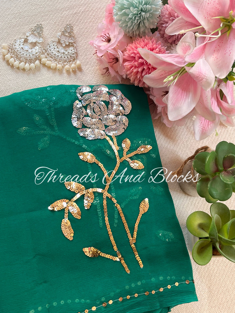 Dark Green Long Stem Rose Buta Saree