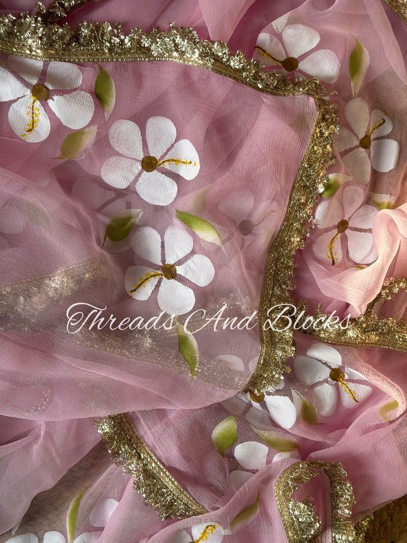 Baby Pink Hibiscus Saree