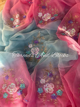 Pink Blue Floral Bunch Saree