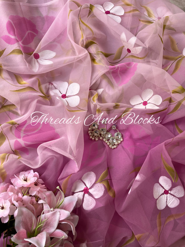 Ombré Lavender Hibiscus Hand Painted Saree