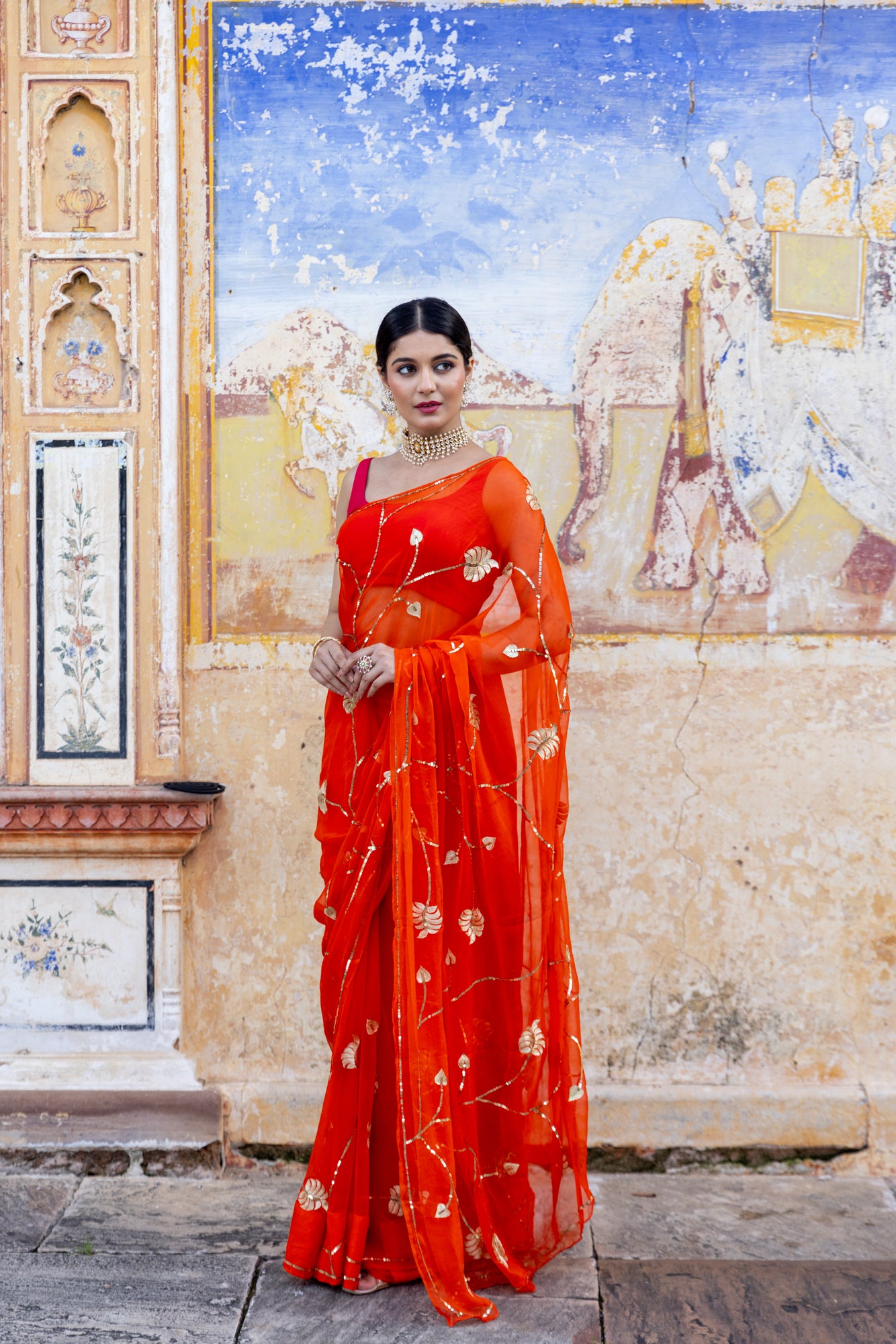 Orange Zari Pittan Leaf Jaal Saree