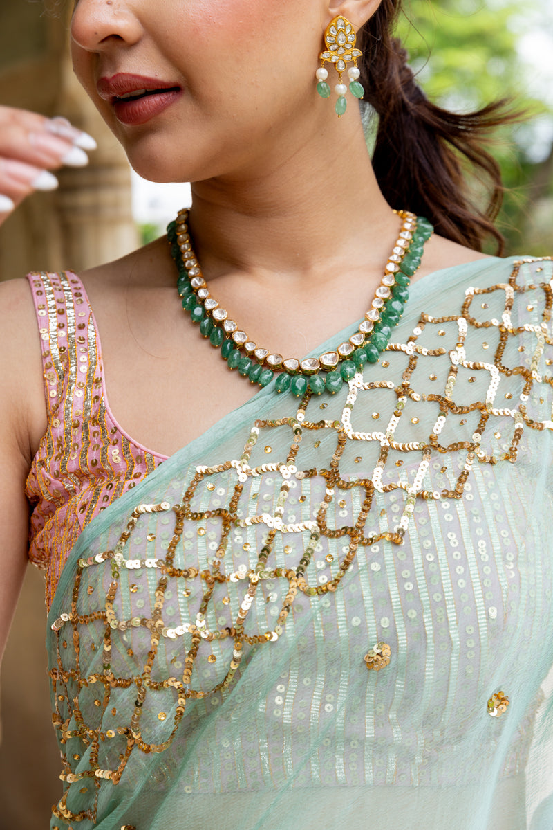 Pink Green Sequin Jaali Border Saree