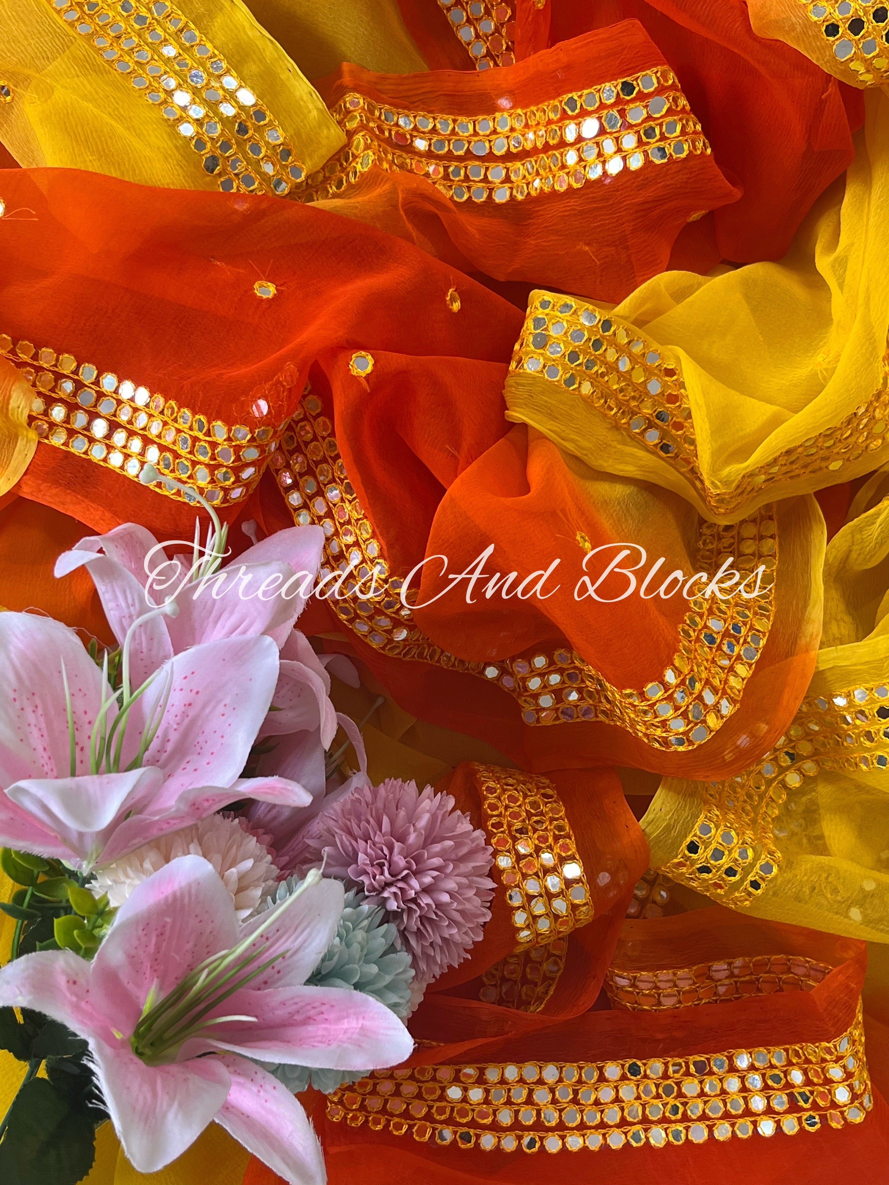 Shaded Yellow Orange Mirror Border Saree