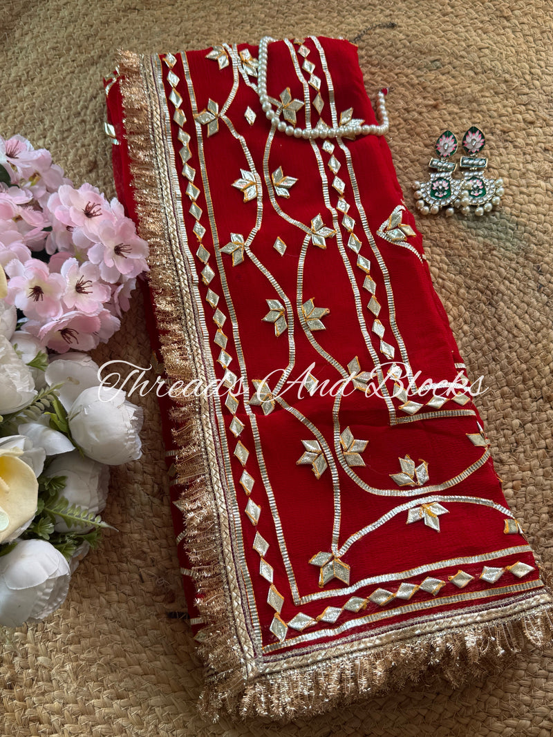 Red Kachi Patti Kiran Border Saree