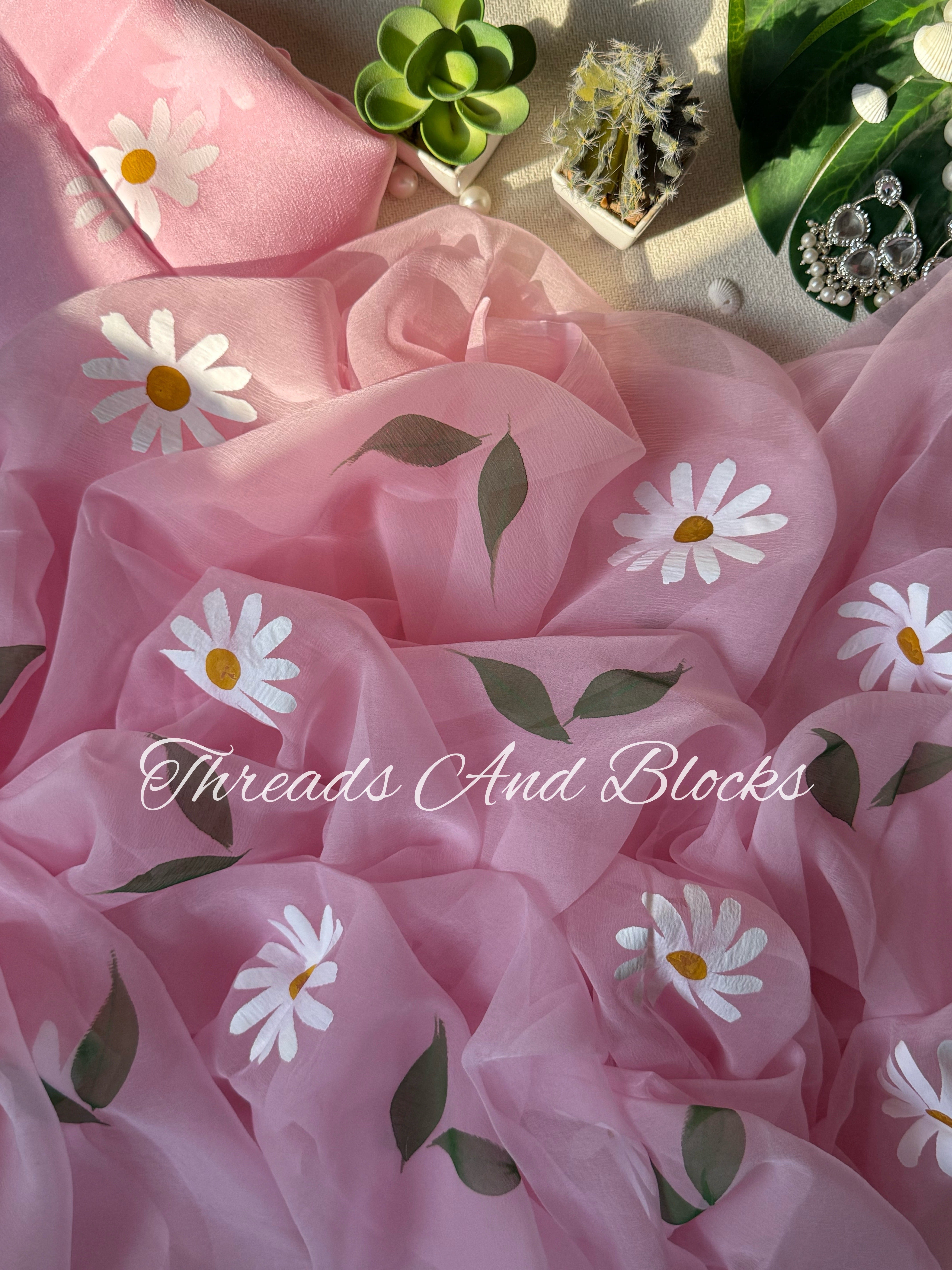 Whispers of Sakura Handpainted Saree – Threads & Blocks