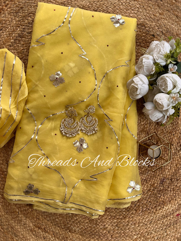 Lemon Yellow Gota Jaal Saree